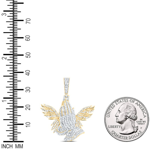1.12 Ctw Natural Diamond Praying Hands Wings Pendant in 10k Yellow Gold