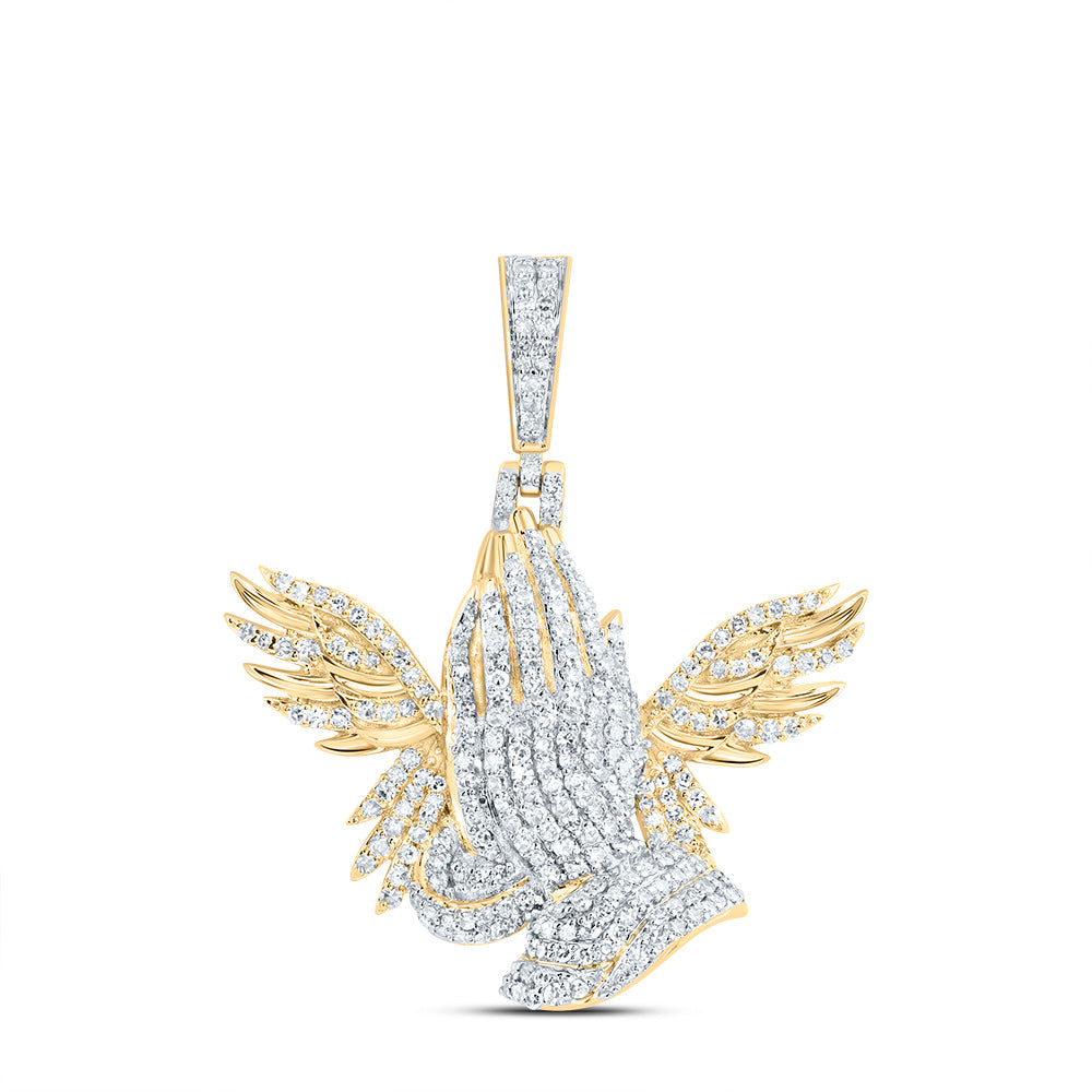 1.12 Ctw Natural Diamond Praying Hands Wings Pendant in 10k Yellow Gold