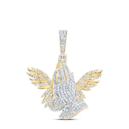 1.12 Ctw Natural Diamond Praying Hands Wings Pendant in 10k Yellow Gold
