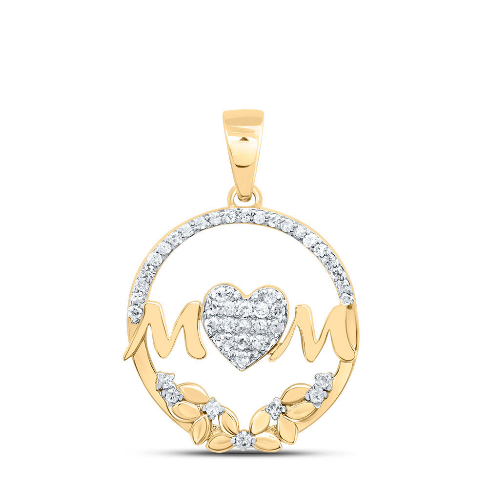 0.16 Ctw Natural Diamond Open Circular Border Mom Heart Pendant in 10k Yellow Gold