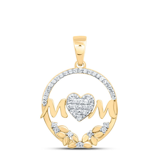 0.16 Ctw Natural Diamond Open Circular Border Mom Heart Pendant in 10k Yellow Gold
