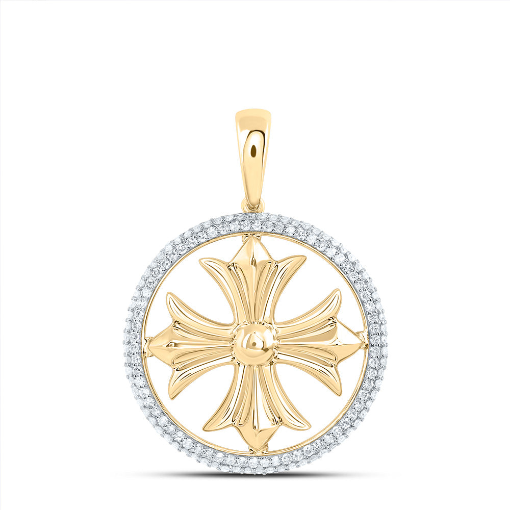 0.53 Ctw Natural Diamond Cross Medallion Religious Pendant in 10k Yellow Gold