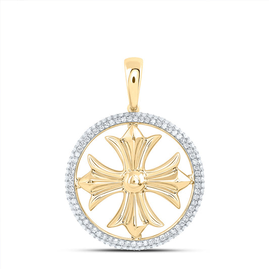 0.53 Ctw Natural Diamond Cross Medallion Religious Pendant in 10k Yellow Gold