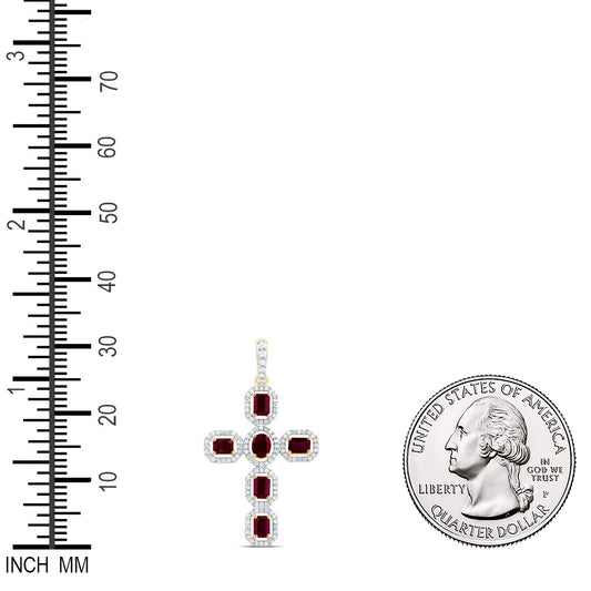1.5 Ctw Natural Diamond Red White Cross Pendant in 14k Yellow Gold