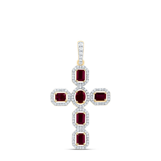 1.5 Ctw Natural Diamond Red White Cross Pendant in 14k Yellow Gold
