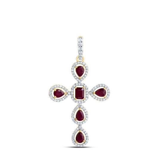 1.63 Ctw Natural Diamond Red Cross Pendant in 14k Yellow Gold