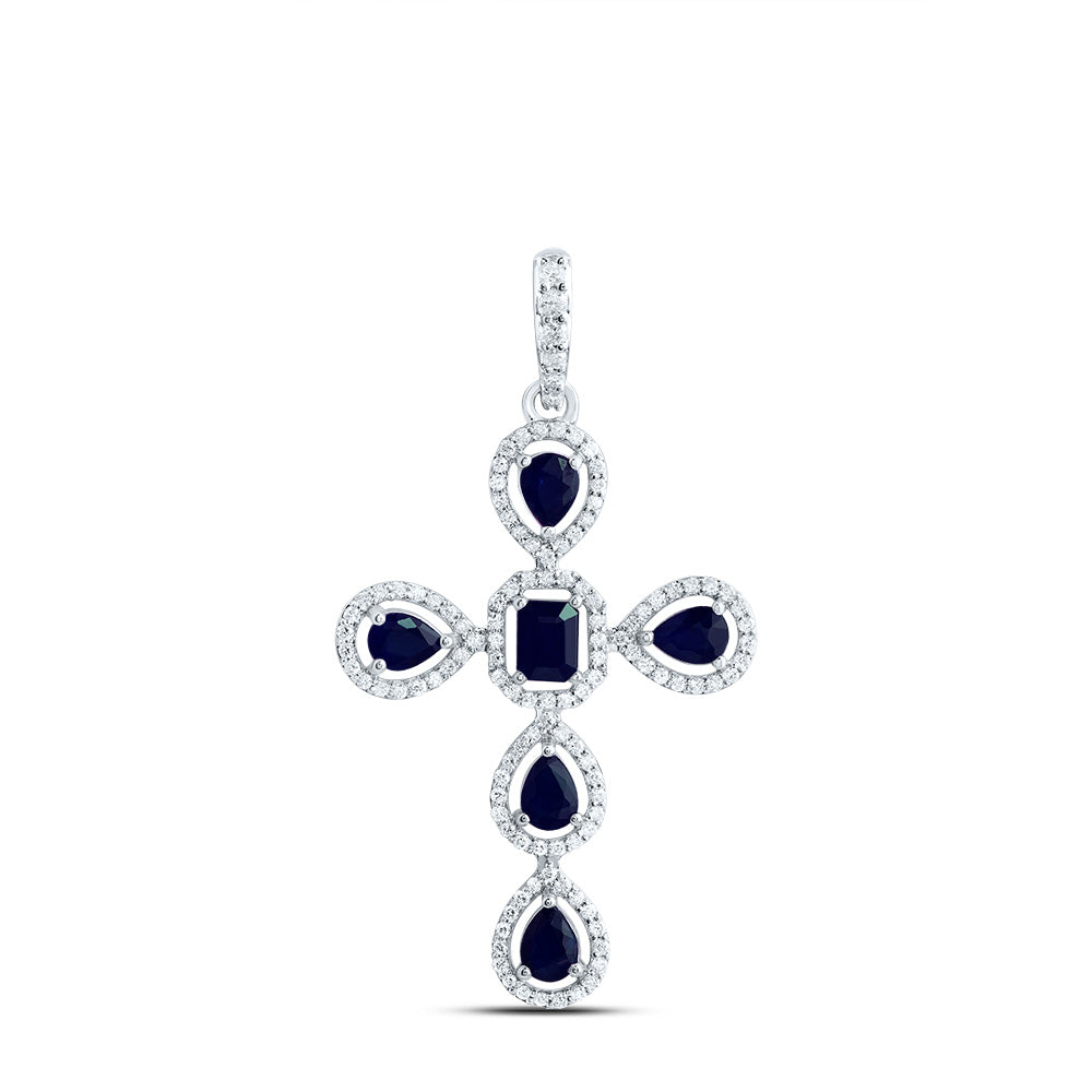 1.71 Ctw Natural Diamond Blue White Cross Pendant in 14k White Gold