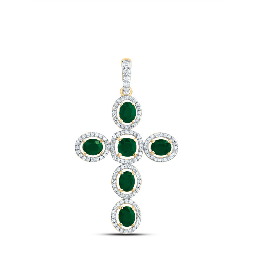 1.84 Ctw Natural Diamond Green White Cross Pendant in 14k Yellow Gold