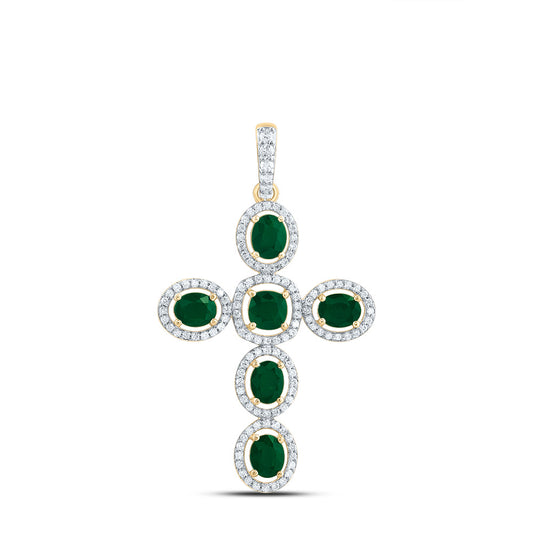 1.84 Ctw Natural Diamond Green White Cross Pendant in 14k Yellow Gold