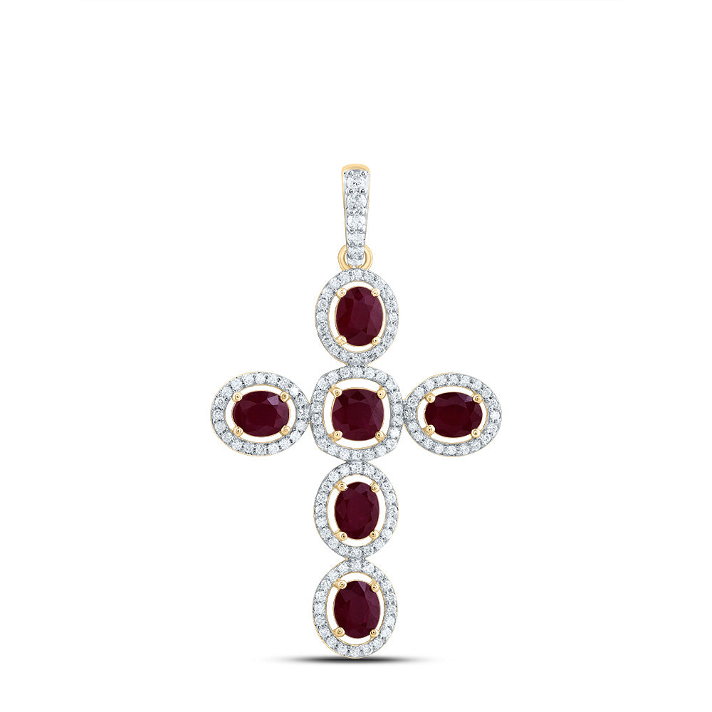 2.24 Ctw Natural Diamond Red White Cross Pendant in 14k Yellow Gold