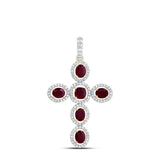 2.24 Ctw Natural Diamond Red White Cross Pendant in 14k Yellow Gold