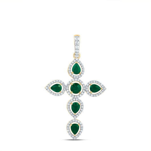 1.31 Ctw Natural Diamond Green White Cross Pendant in 14k Yellow Gold