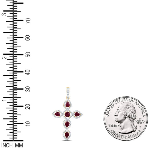 1.75 Ctw Natural Diamond Red White Cross Pendant in 14k Yellow Gold