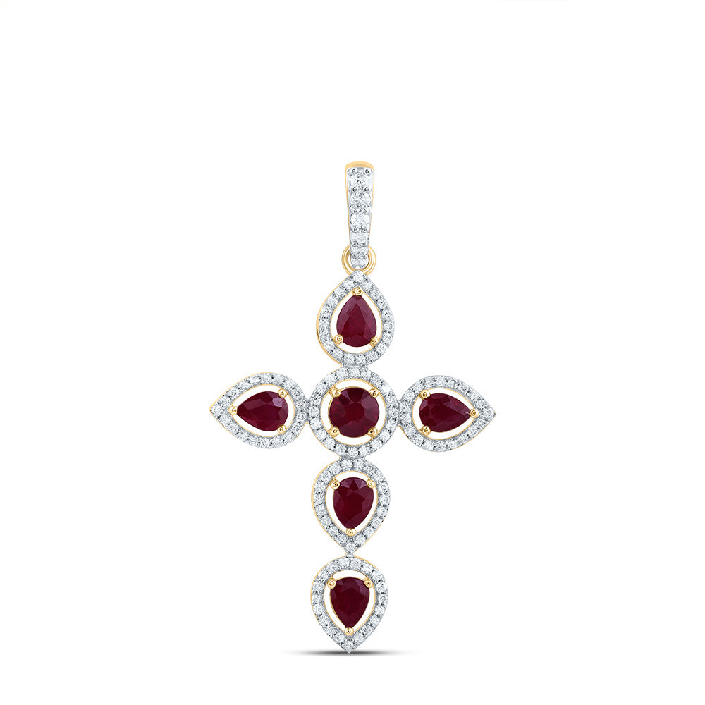 1.75 Ctw Natural Diamond Red White Cross Pendant in 14k Yellow Gold