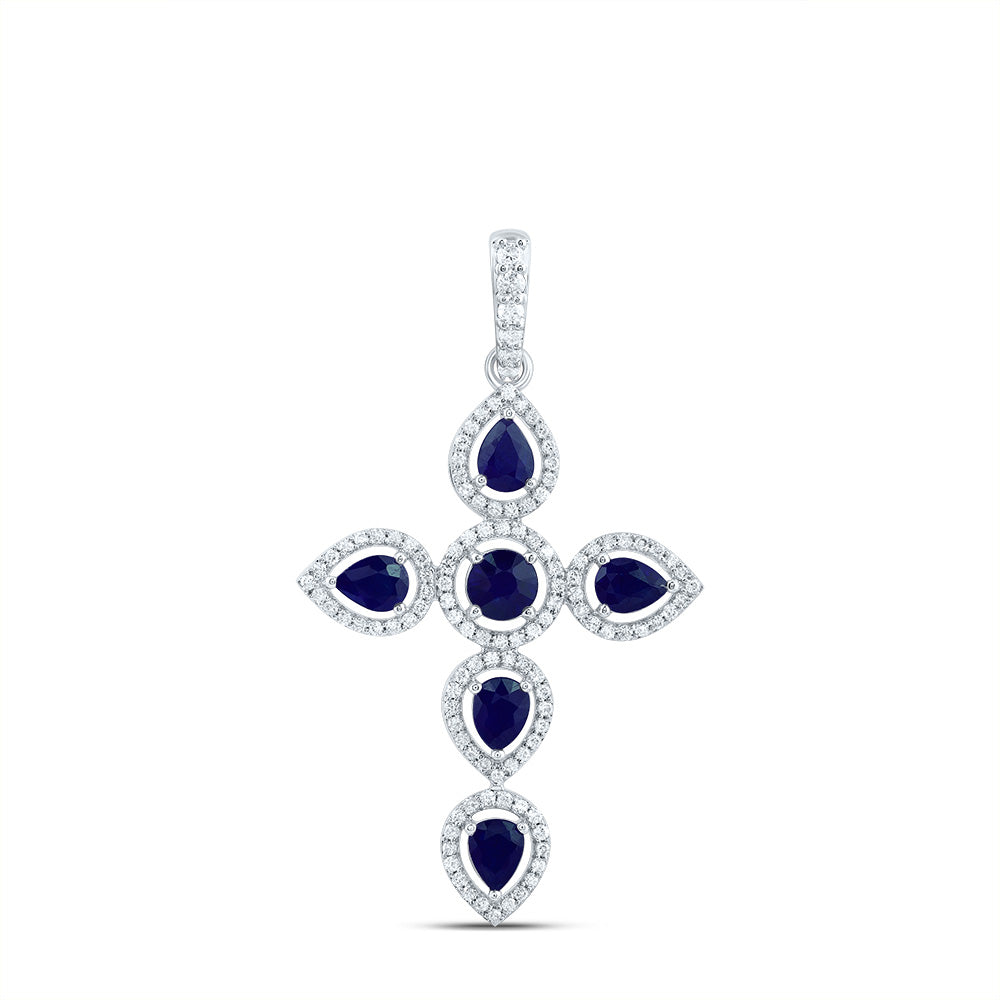 1.69 Ctw Natural Diamond Blue White Cross Pendant in 14k White Gold