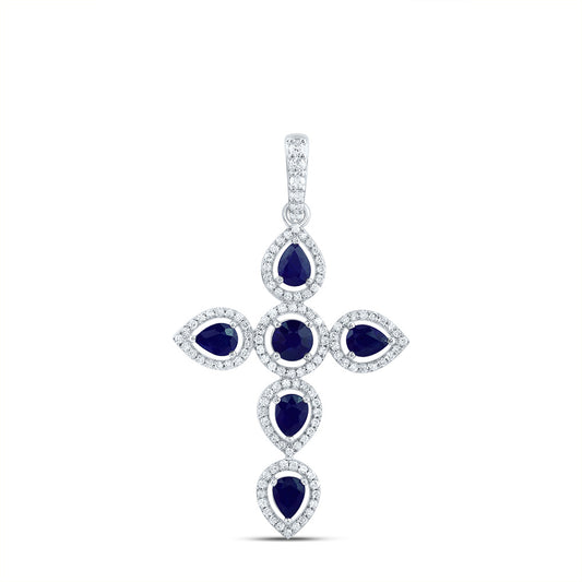 1.69 Ctw Natural Diamond Blue White Cross Pendant in 14k White Gold