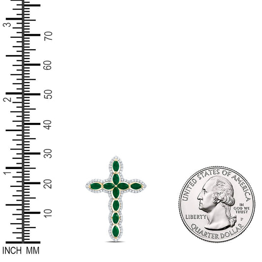0.98 Ctw Natural Diamond Green White Cross Pendant in 14k Yellow Gold
