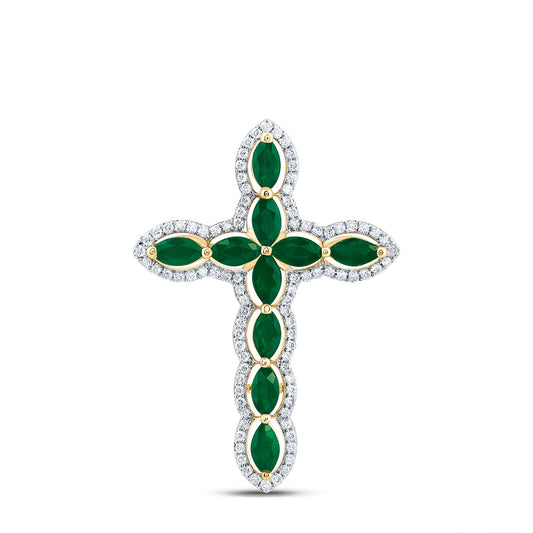 0.98 Ctw Natural Diamond Green White Cross Pendant in 14k Yellow Gold