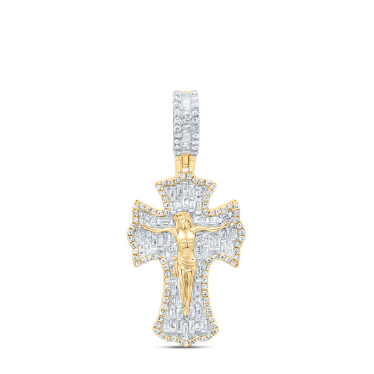 0.73 Ctw Natural Diamond Cross Crucifix Jesus Religious Pendant in 10k Yellow Gold