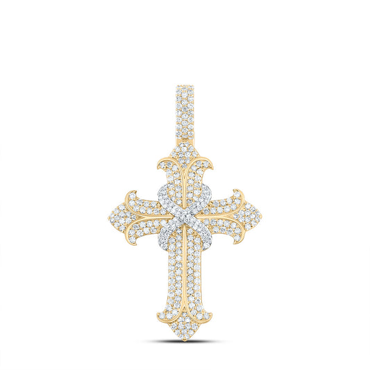 2.03 Ctw Natural Diamond Cluster Hiphop Cross Religious Pendant in 10k Yellow Gold