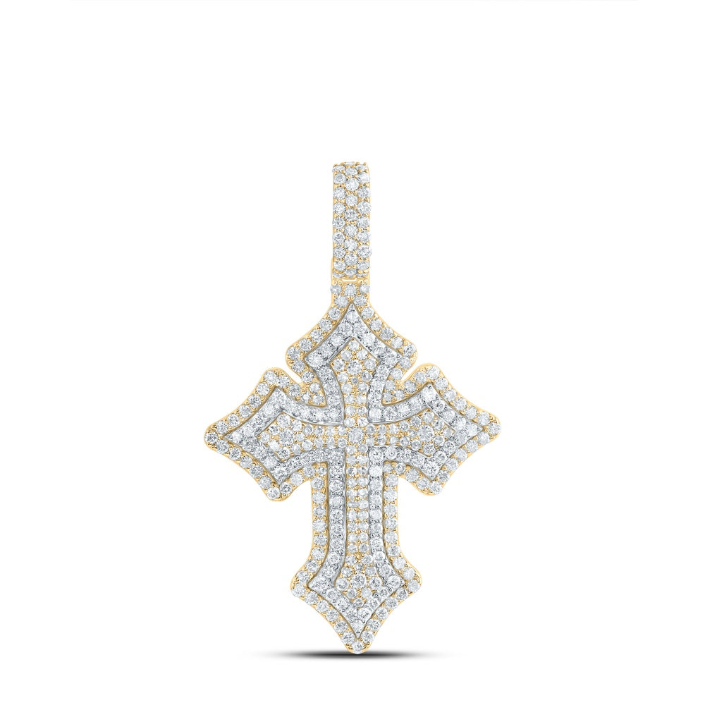 2.38 Ctw Natural Diamond Cluster Hiphop Cross Religious Pendant in 10k Yellow Gold