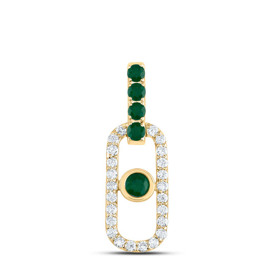0.42 Ctw Natural Diamond Green Emerald Paperclip Pendant in 14k Yellow Gold