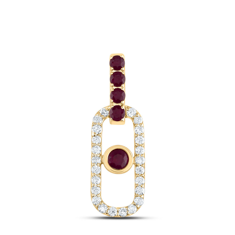 0.49 Ctw Natural Diamond Red Ruby Paperclip Pendant in 14k Yellow Gold
