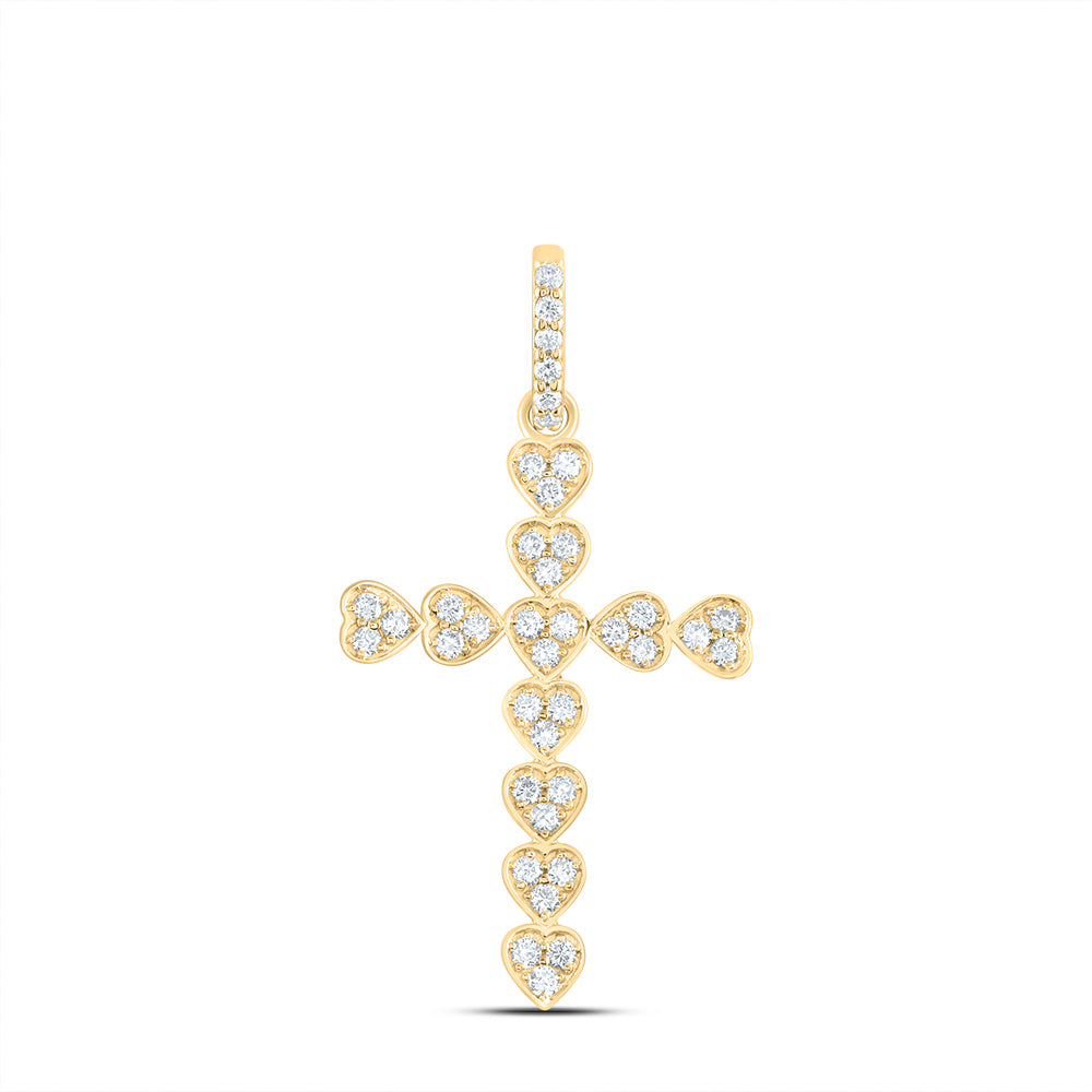 0.46 Ctw Natural Diamond Heart Cross Religious Pendant in 14k Yellow Gold