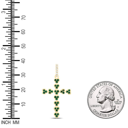 0.45 Ctw Natural Diamond Green Heart Cross Religious Pendant in 14k Yellow Gold