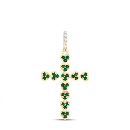 0.45 Ctw Natural Diamond Green Heart Cross Religious Pendant in 14k Yellow Gold
