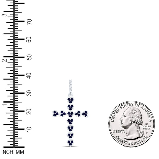 0.57 Ctw Natural Diamond Blue Heart Cross Religious Pendant in 14k White Gold