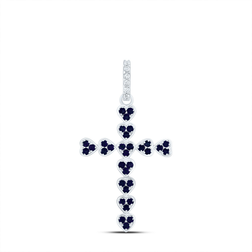 0.57 Ctw Natural Diamond Blue Heart Cross Religious Pendant in 14k White Gold