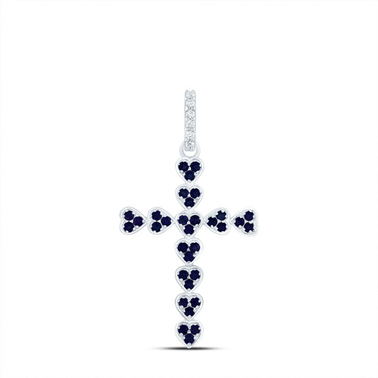0.57 Ctw Natural Diamond Blue Heart Cross Religious Pendant in 14k White Gold