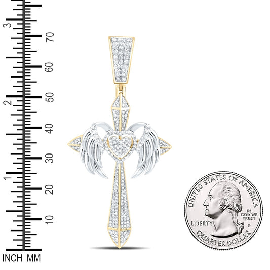 1.18 Ctw Natural Diamond Angel Wings Heart Cross Religious Pendant in 10k Yellow Gold