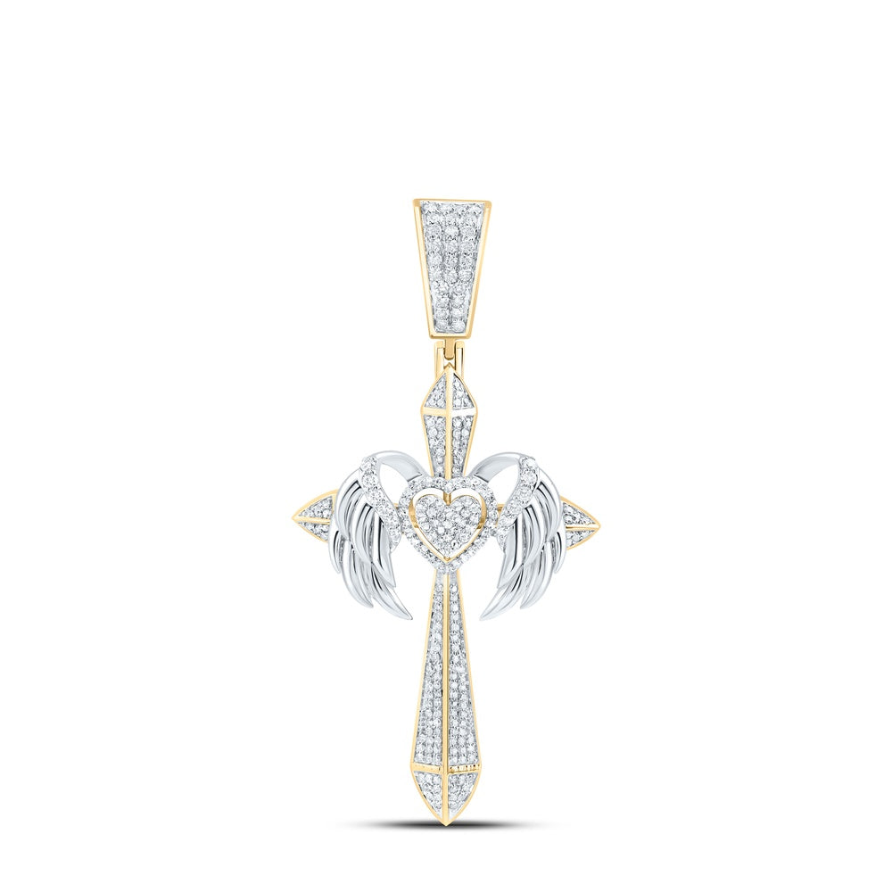 1.18 Ctw Natural Diamond Angel Wings Heart Cross Religious Pendant in 10k Yellow Gold
