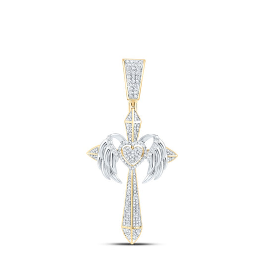 1.18 Ctw Natural Diamond Angel Wings Heart Cross Religious Pendant in 10k Yellow Gold
