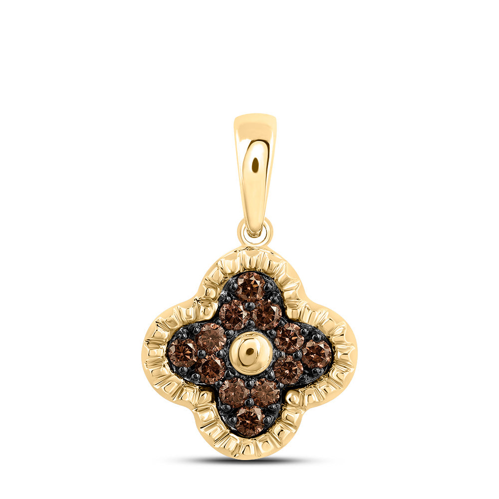 0.22 Ctw Natural Diamond Brown Chocolate Clover Flower Pendant in 14k Yellow Gold