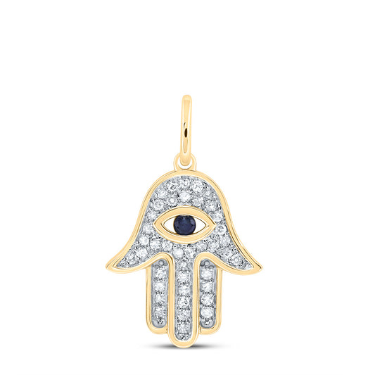 0.2 Ctw Natural Diamond Hamza Evil Eye Blue Diamond Pendant in 10k Yellow Gold