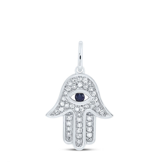 0.19 Ctw Natural Diamond Hamza Evil Eye Blue Diamond Pendant in 10k White Gold