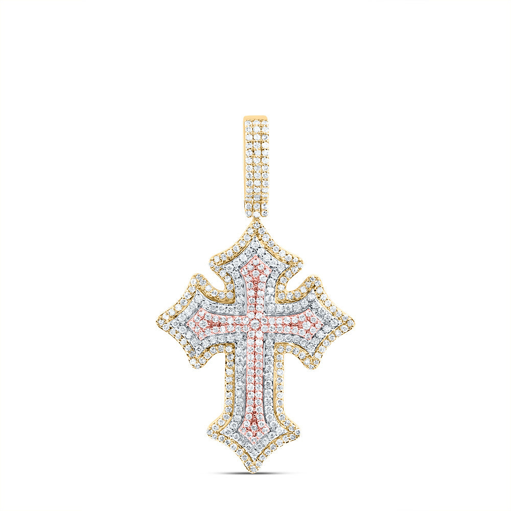 1.78 Ctw Natural Diamond Cluster Cross Religious Pendant in 10k Tri-Tone Gold