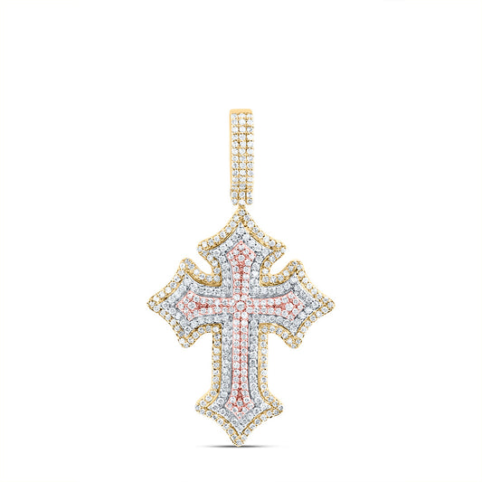 1.78 Ctw Natural Diamond Cluster Cross Religious Pendant in 10k Tri-Tone Gold