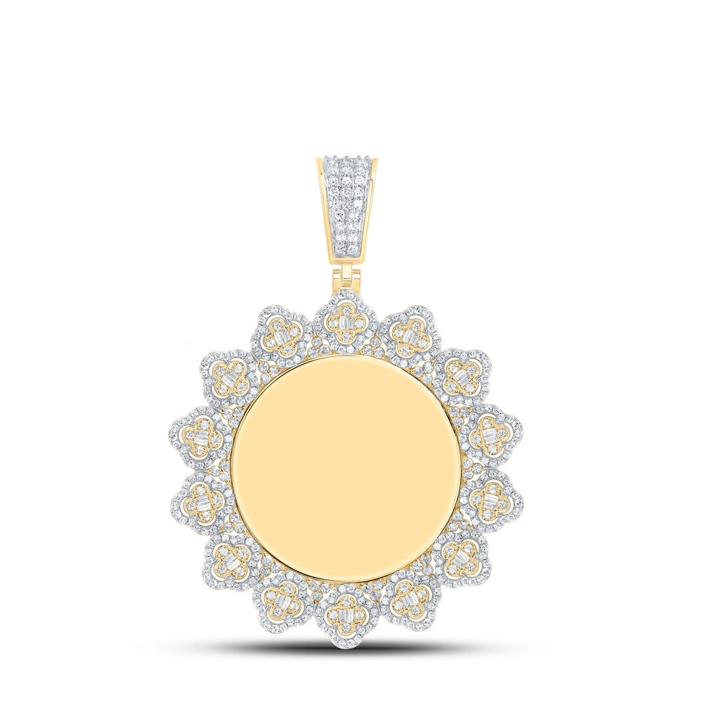 1.54 Ctw Natural Diamond Floral Round Circle Memory Picture Frame Pendant in 10k Yellow Gold