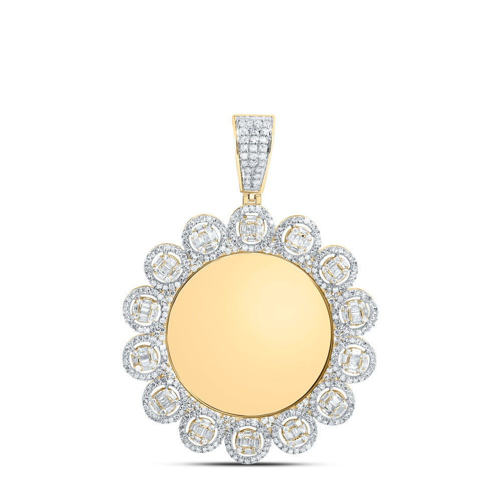 1.79 Ctw Natural Diamond Floral Round Circle Memory Picture Frame Pendant in 10k Yellow Gold
