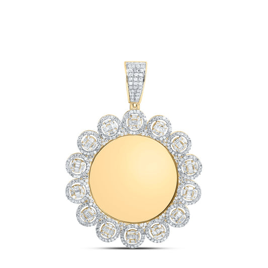 1.79 Ctw Natural Diamond Floral Round Circle Memory Picture Frame Pendant in 10k Yellow Gold