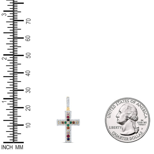 0.62 Ctw Natural Diamond Multi Color Cross Religious Pendant in 10k Yellow Gold