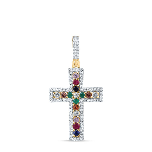 0.62 Ctw Natural Diamond Multi Color Cross Religious Pendant in 10k Yellow Gold