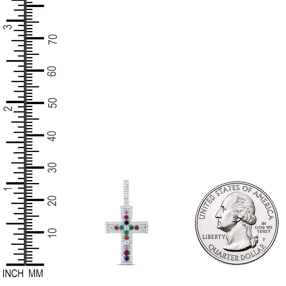 0.62 Ctw Natural Diamond Multi Color Cross Religious Pendant in 10k White Gold