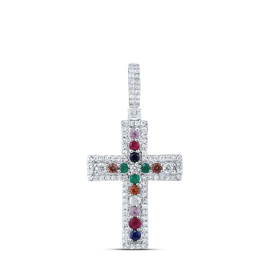 0.62 Ctw Natural Diamond Multi Color Cross Religious Pendant in 10k White Gold