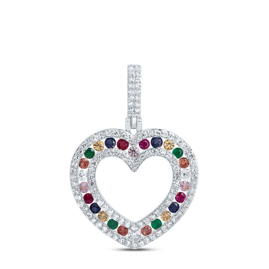 0.77 Ctw Natural Diamond Multi Color Diamond Open Heart Pendant in 10k White Gold