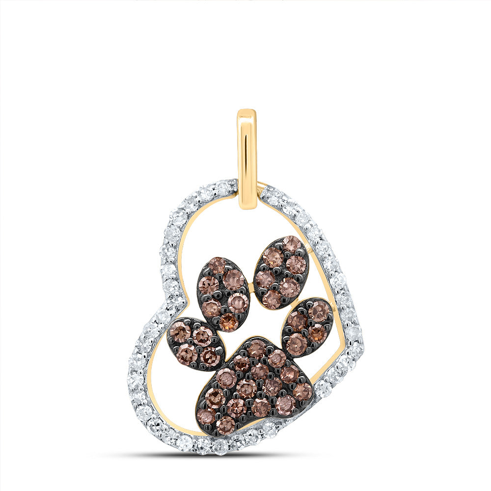0.28 Ctw Natural Diamond Brown Diamond Paw Open Heart Pendant in 10k Yellow Gold